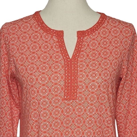 Lands' End Coral Geometric Split Neck Lace Trim 3/4 Sleeve Tunic Top Size XS/P - Picture 5 of 9